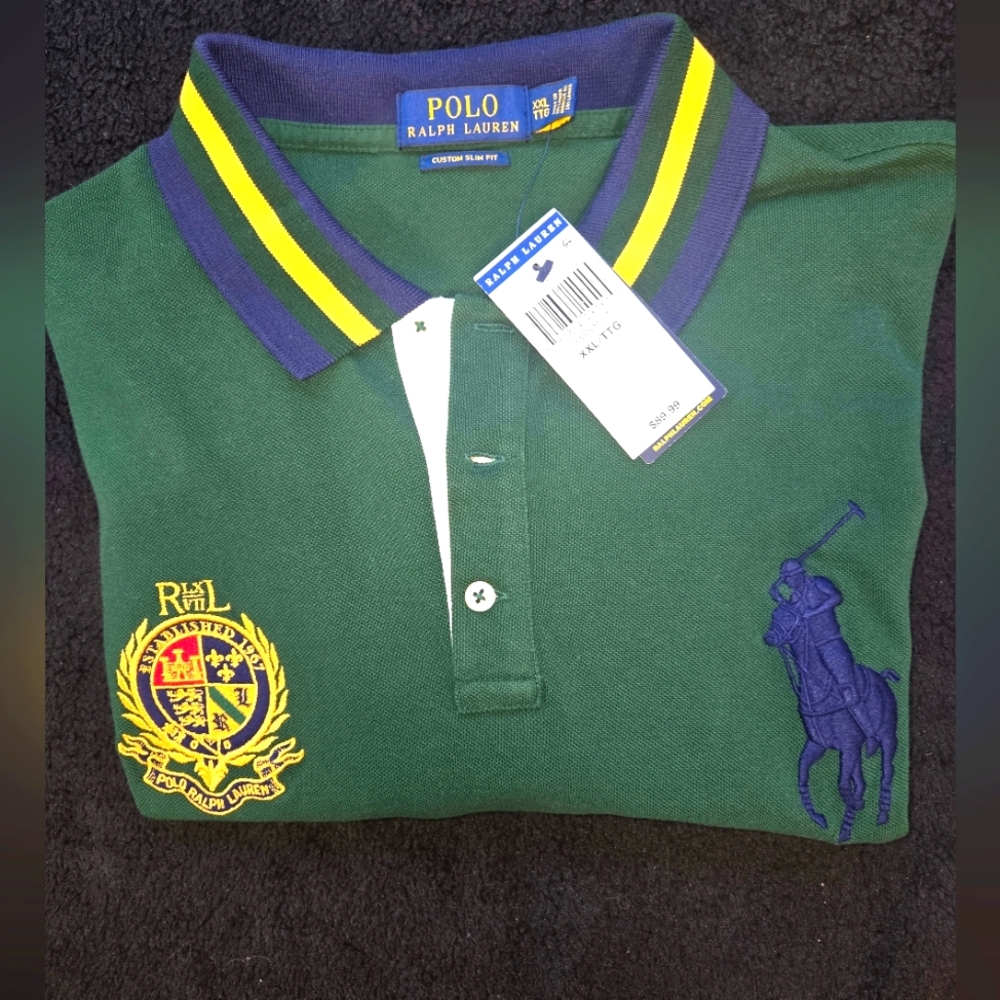 Ralph Lauren Green Polo Shirt w/Yellow & Blue Accents XXL/TTG-Custon Slim Fit